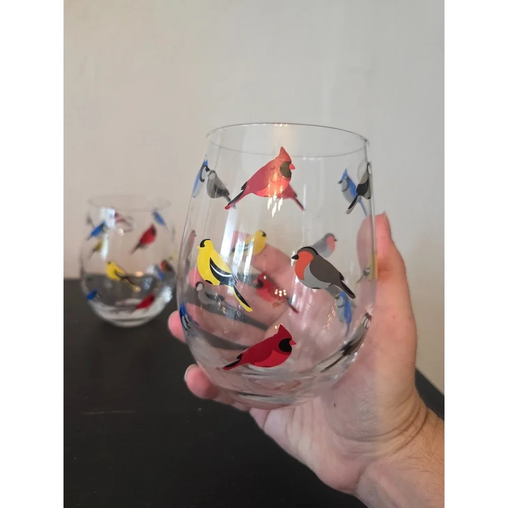 Set 4 Abbott Collection Multi Bird Stemless Wine Glass Goblet Cardinal Robin Jay